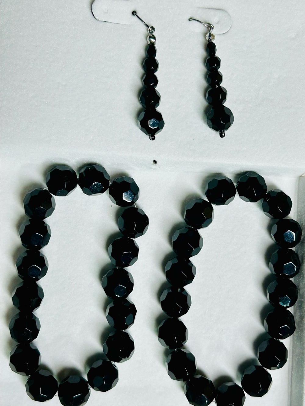 Pierced Earrings and 2 Bracelets Set Black Crystal Beads